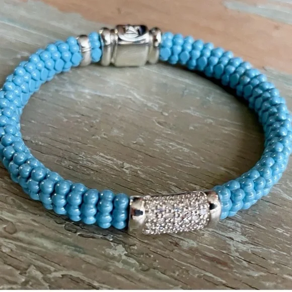 Lagos Blue Caviar Silver 925 Station Ceramic Diamond Bracelet 9mm - Picture 7 of 10